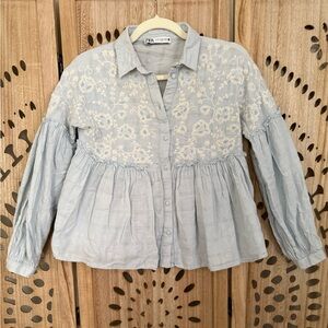Zara Light Blue Embroidered Baby Doll Buttons Cotton Top